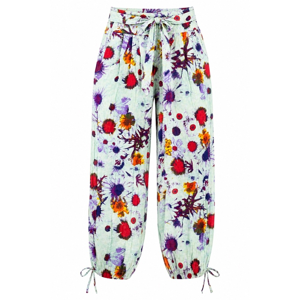 Cotton Daisy Floral Cotton Gauze Pants sage Green Large boho resort cottage art
